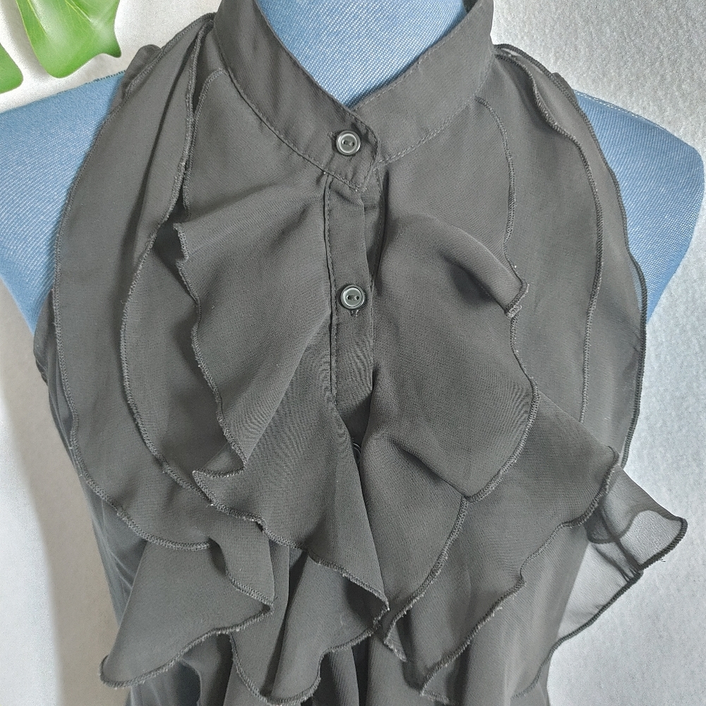 Dots Sheer Black Ruffle Button Shirt Blouse - Picture 2 of 6
